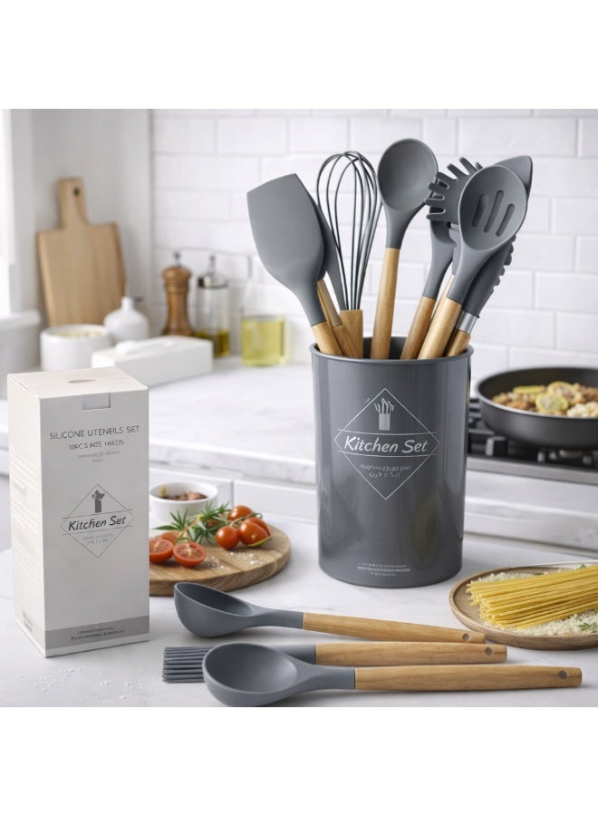 TaimAs Kitchen Utensil Set 12 Pieces Silicone Cooking Tools BPA-Free Heat Resistant Wooden Handle for Nonstick Cookware - Image 3